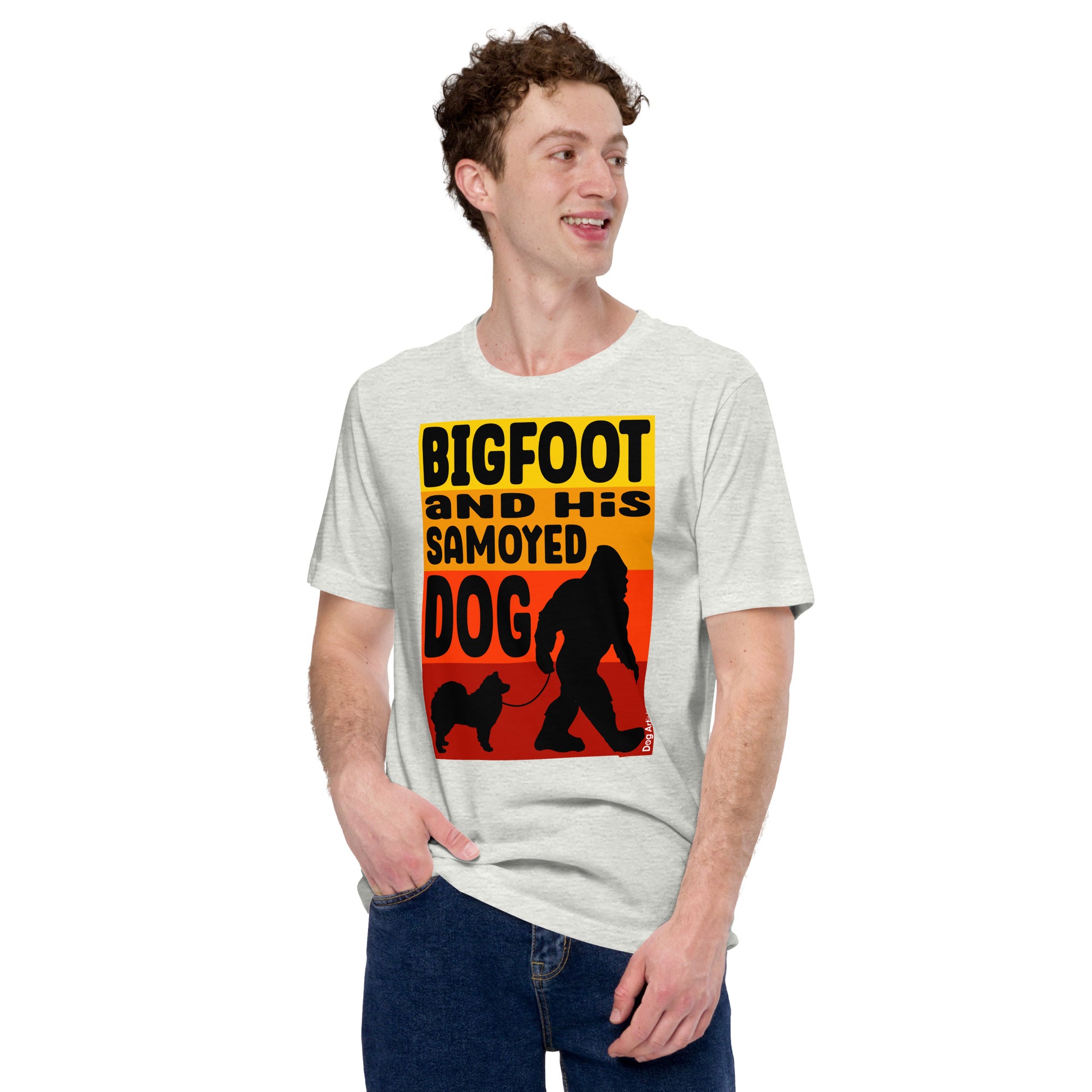 Bigfoot and his Samoyed dog unisex ash t-shirt by Dog Artistry.