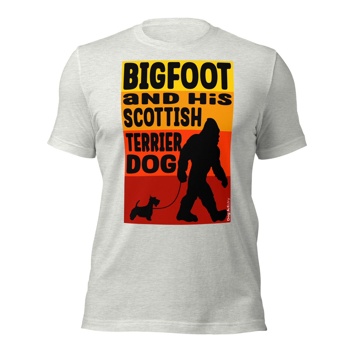 Bigfoot and his Scottish Terrier dog unisex ash t-shirt by Dog Artistry.