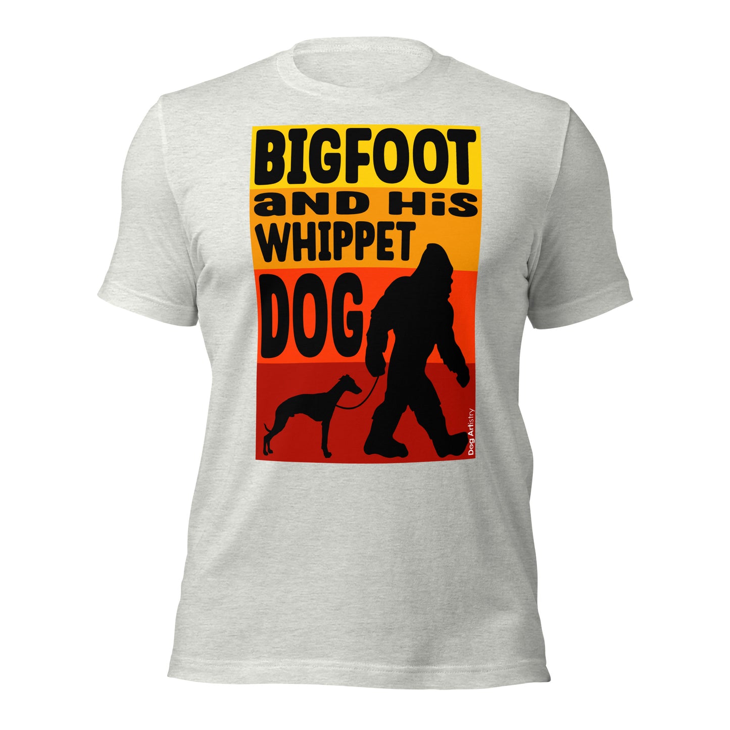 Bigfoot and his Whippet dog unisex ash t-shirt by Dog Artistry.