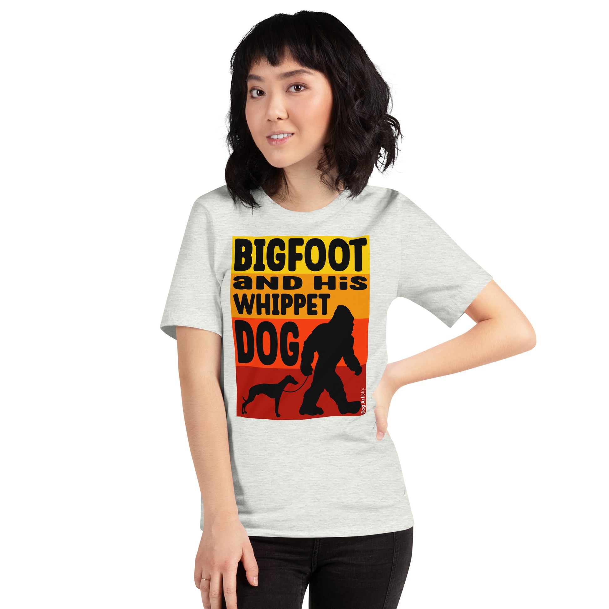 Bigfoot and his Whippet dog unisex ash t-shirt by Dog Artistry.