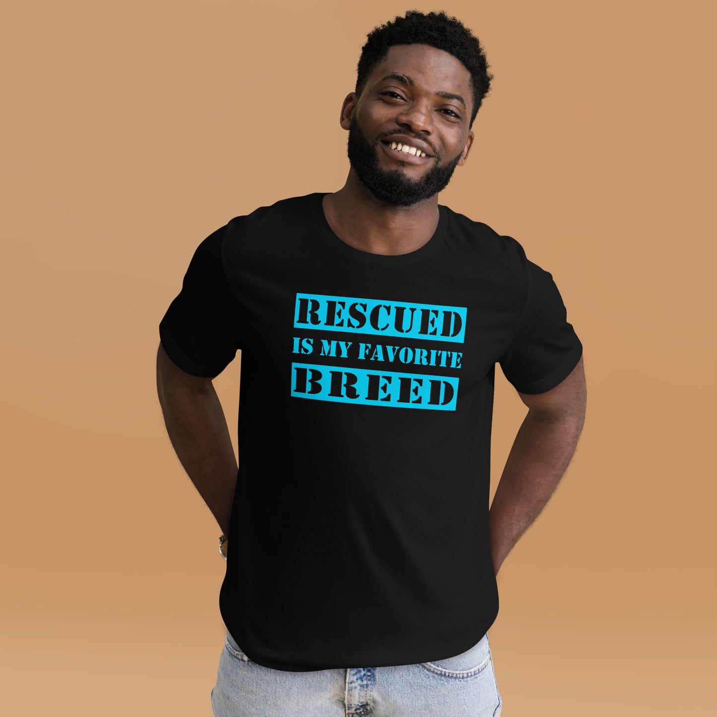 Rescued Is My Favorite Breed Unisex Black T-Shirt Designed by Dog Artistry.