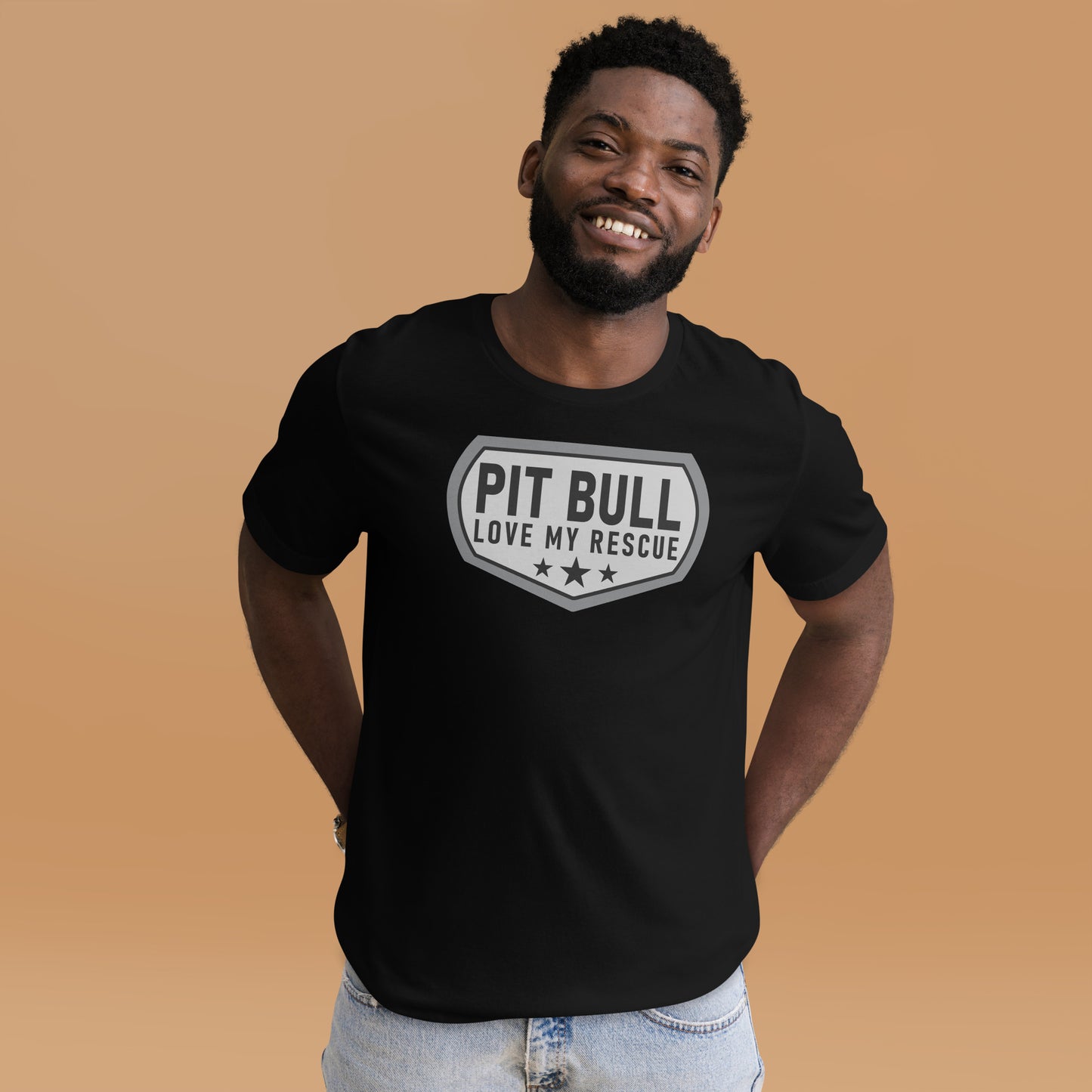 Pit Bull Love My Rescue Unisex Black T-Shirt Designed by Dog Artistry.