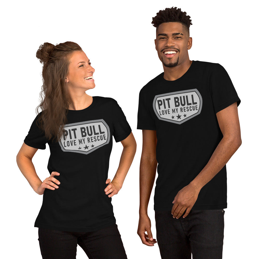 Pit Bull Love My Rescue Unisex Black T-Shirt Designed by Dog Artistry.