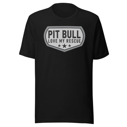 Pit Bull Love My Rescue Unisex Black T-Shirt Designed by Dog Artistry.