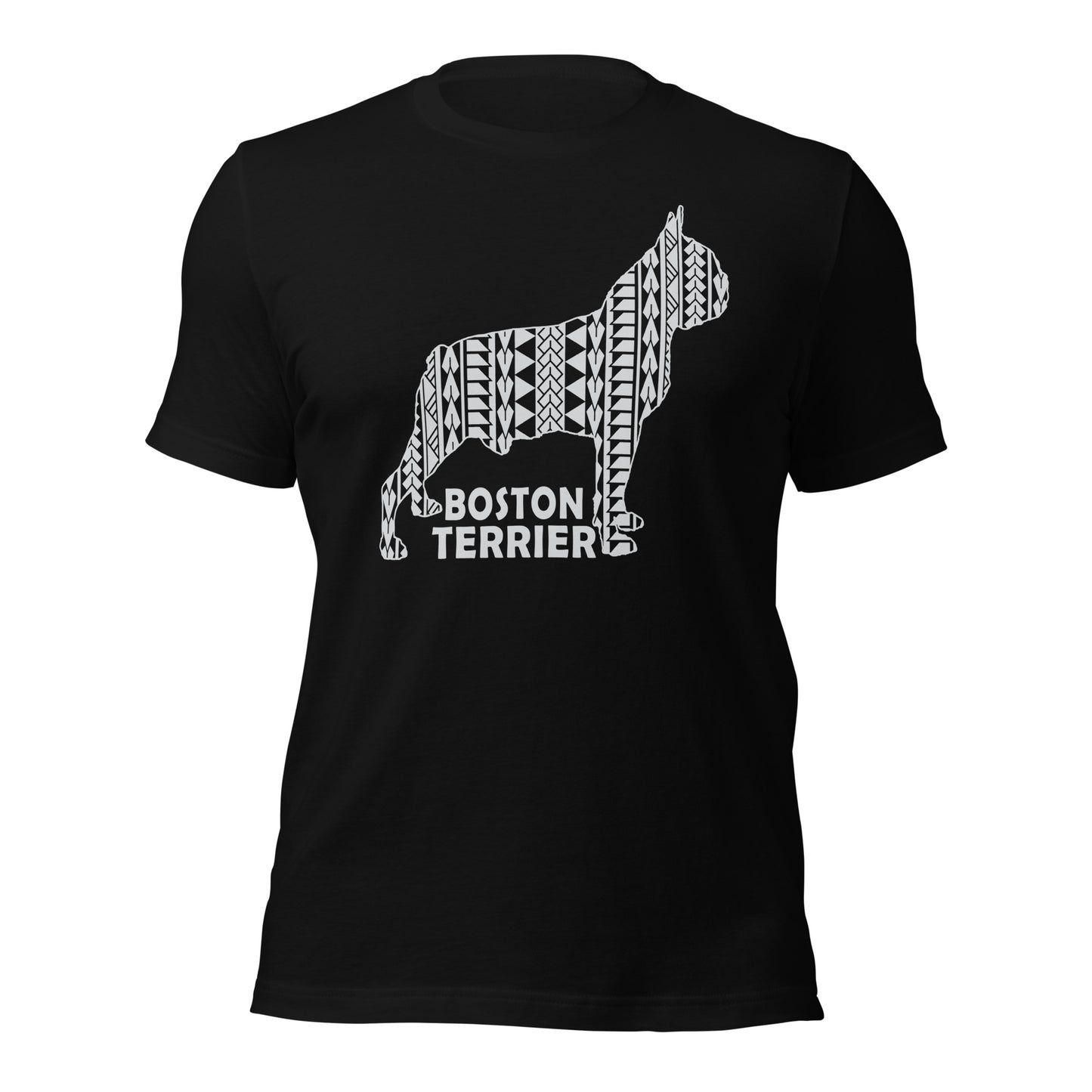 Boston Terrier Polynesian t-shirt black by Dog Artistry.