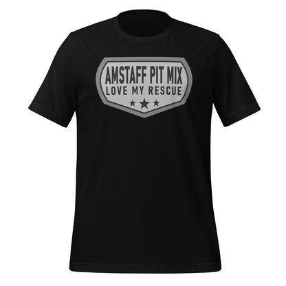 Amstaff Pit Mix Love My Rescue unisex t-shirt black by Dog Artistry.