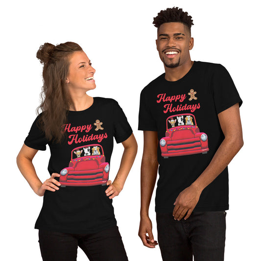 Red Holiday truck with Chihuahua, English Bull Terrier, and English Bulldog riding in it unisex t-shirt black by Dog Artistry