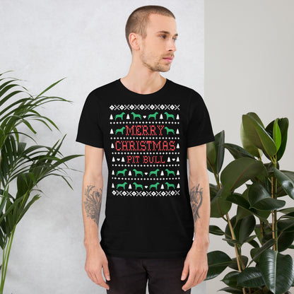 Pit Bull ugly Christmas unisex t-shirt black by Dog Artistry.