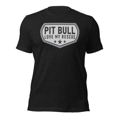 Pit Bull Love My Rescue Unisex Black Heather T-Shirt Designed by Dog Artistry.