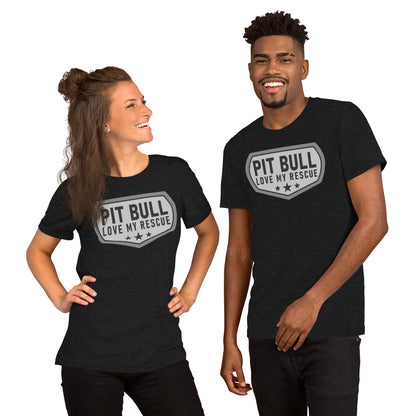 Pit Bull Love My Rescue Unisex Black Heather T-Shirt Designed by Dog Artistry.