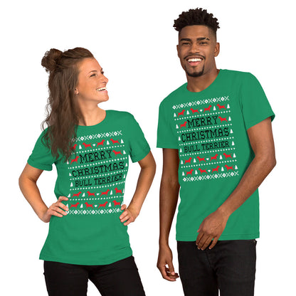 English Bull Terrier Ugly Christmas t-shirt green by Dog Artistry.