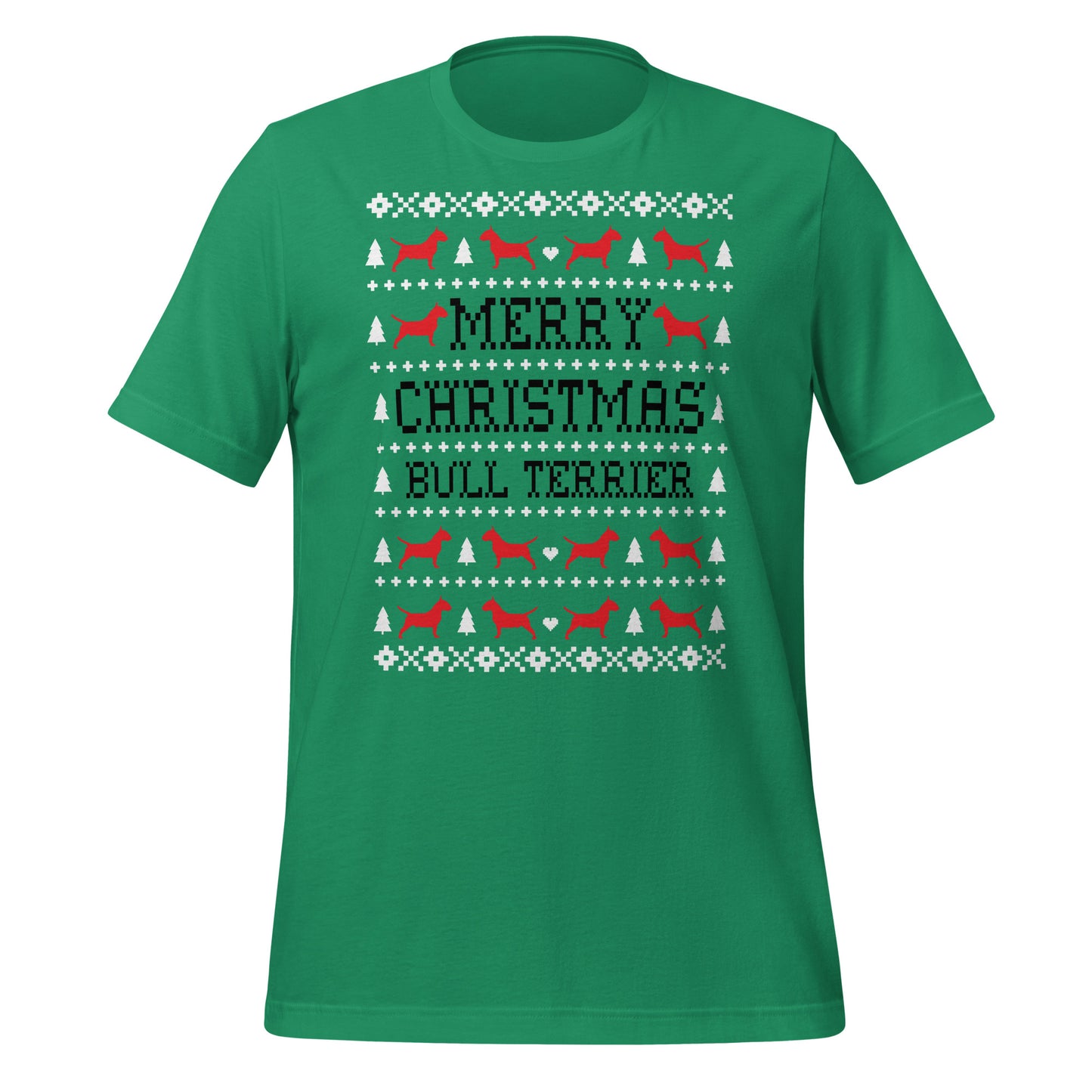 English Bull Terrier Ugly Christmas t-shirt green by Dog Artistry.