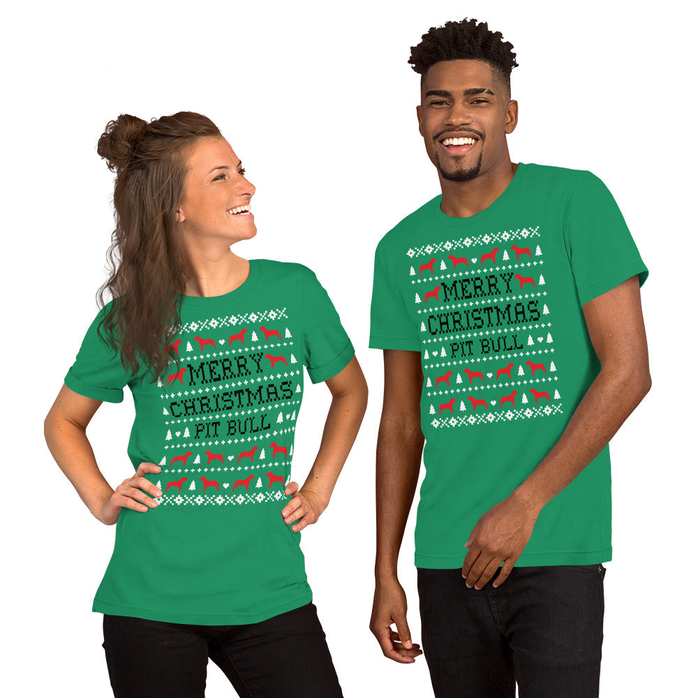Pit Bull ugly Christmas unisex t-shirt green by Dog Artistry.