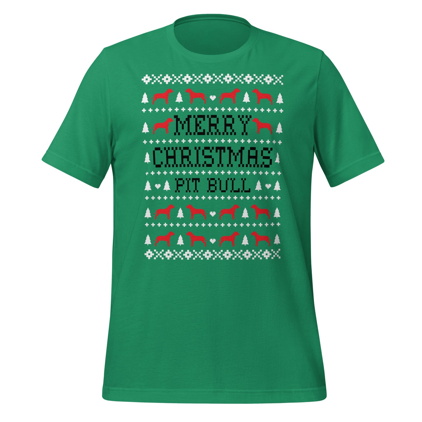 Pit Bull ugly Christmas unisex t-shirt green by Dog Artistry.
