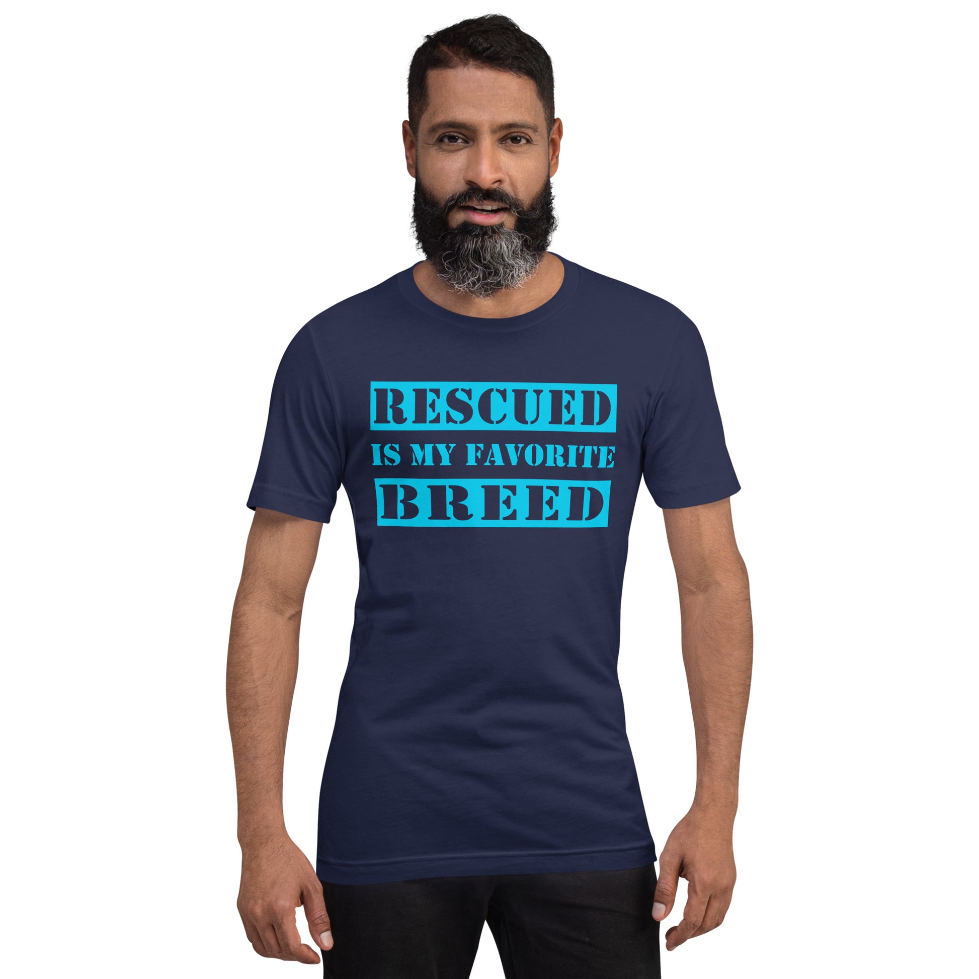 Rescued Is My Favorite Breed Unisex Black T-Shirt Designed by Dog Artistry.