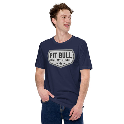 Pit Bull Love My Rescue Unisex Navy T-Shirt Designed by Dog Artistry.