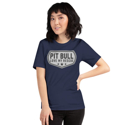 Pit Bull Love My Rescue Unisex Navy T-Shirt Designed by Dog Artistry.