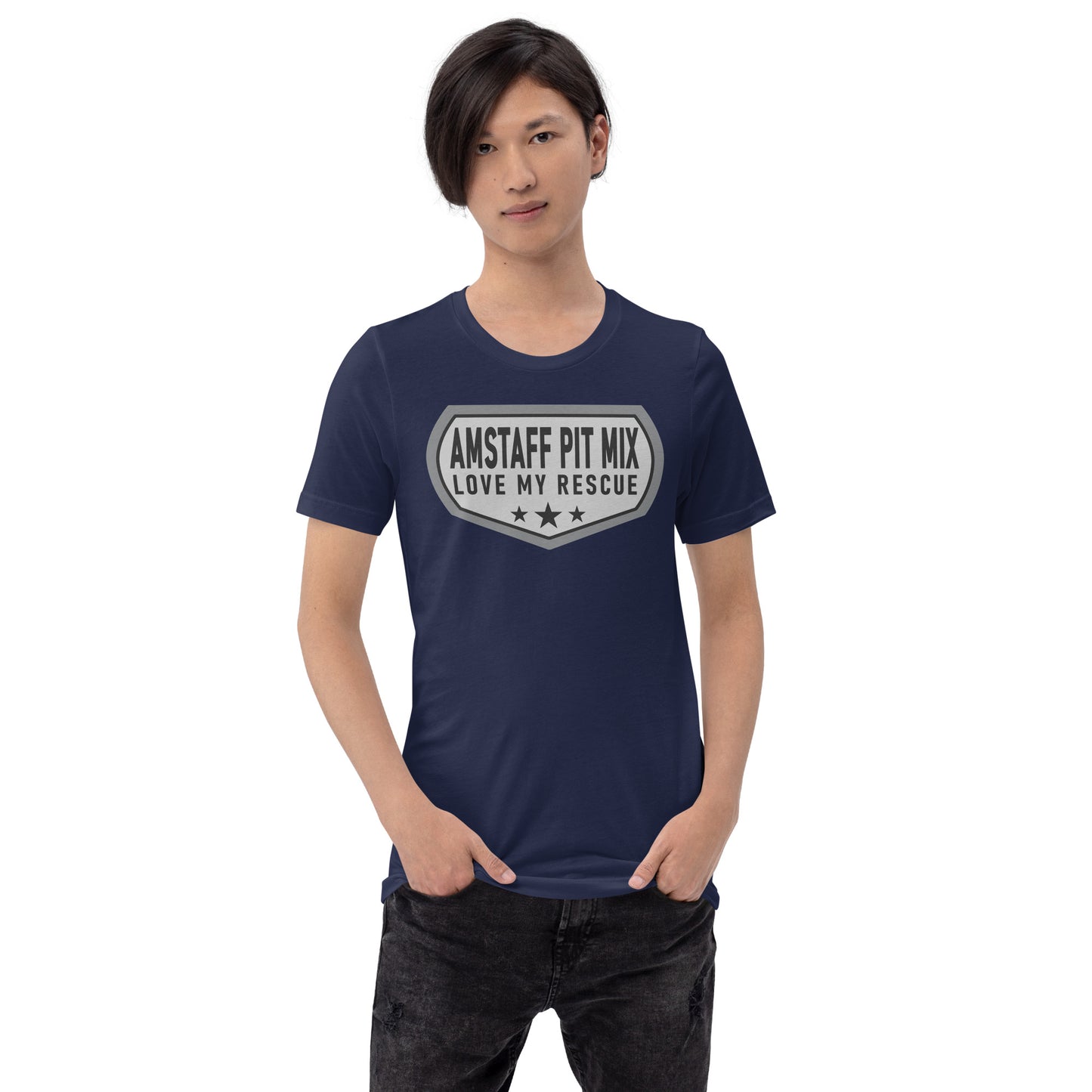Amstaff Pit Mix Love My Rescue unisex t-shirt navy by Dog Artistry.