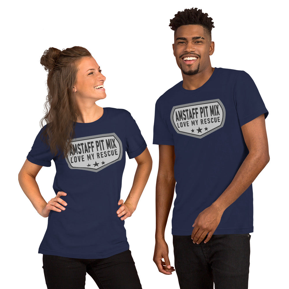 Amstaff Pit Mix Love My Rescue unisex t-shirt navy by Dog Artistry.