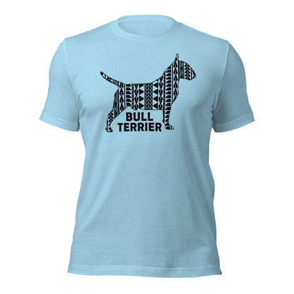 Bull Terrier Polynesian t-shirt blue by Dog Artistry.