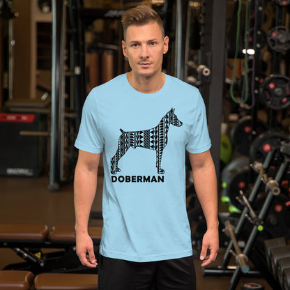 Doberman Polynesian t-shirt blue by Dog Artistry.