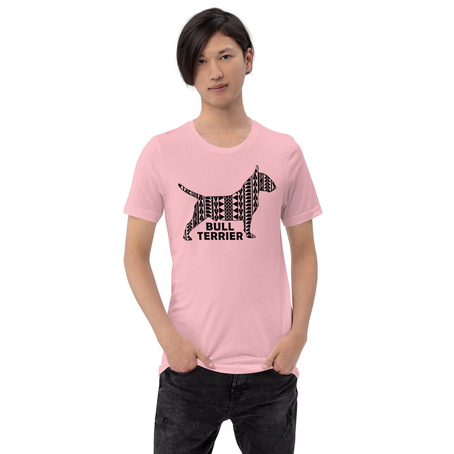 Bull Terrier Polynesian t-shirt pink by Dog Artistry.