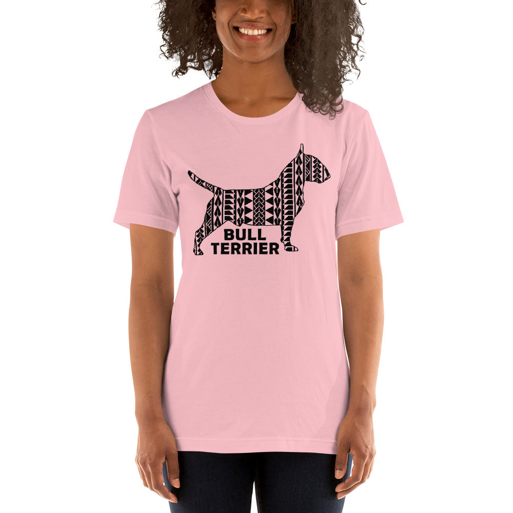 Bull Terrier Polynesian t-shirt pink by Dog Artistry.
