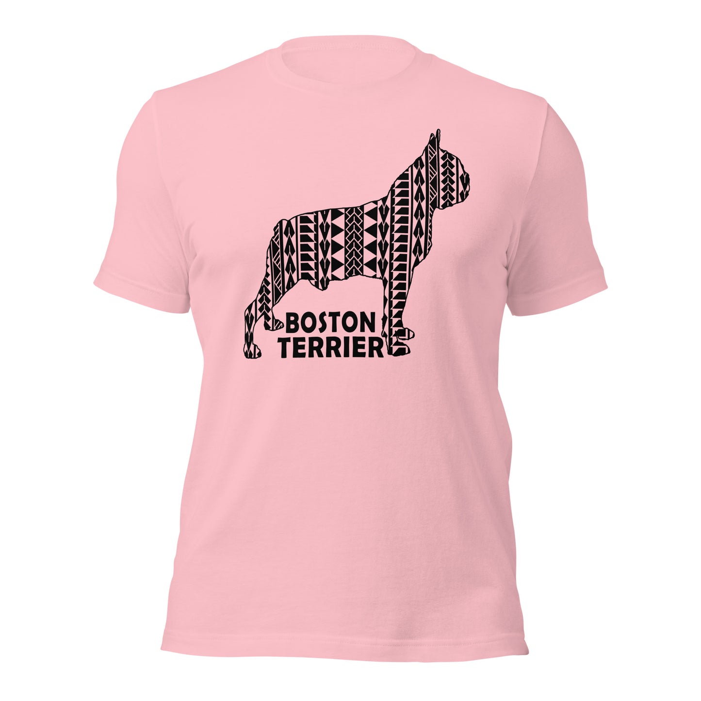 Boston Terrier Polynesian t-shirt pink by Dog Artistry.