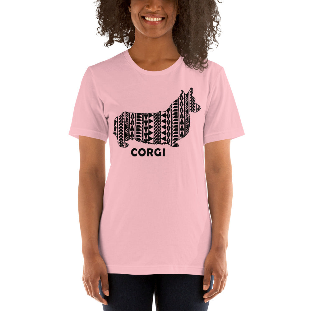 Corgi Polynesian t-shirt pink by Dog Artistry.