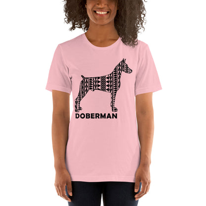 Doberman Polynesian t-shirt pink by Dog Artistry.