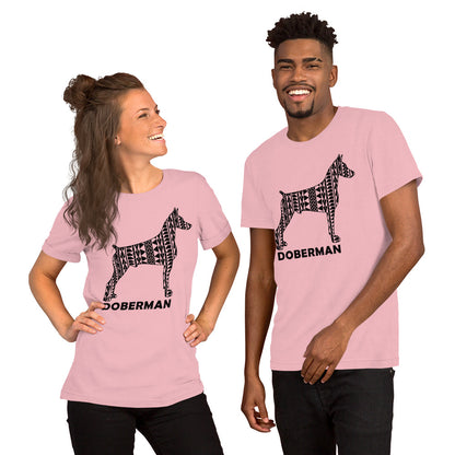 Doberman Polynesian t-shirt pink by Dog Artistry.