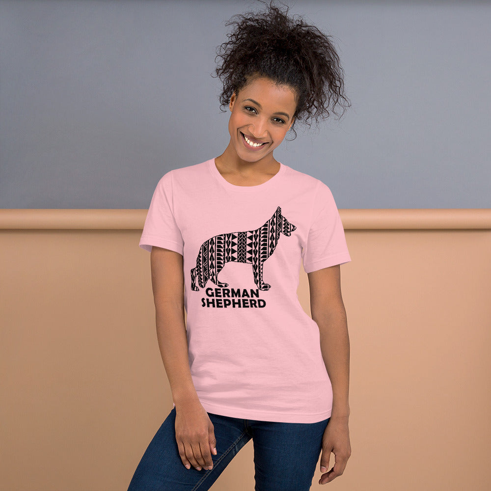 German Shepherd Polynesian t-shirt pink by Dog Artistry.