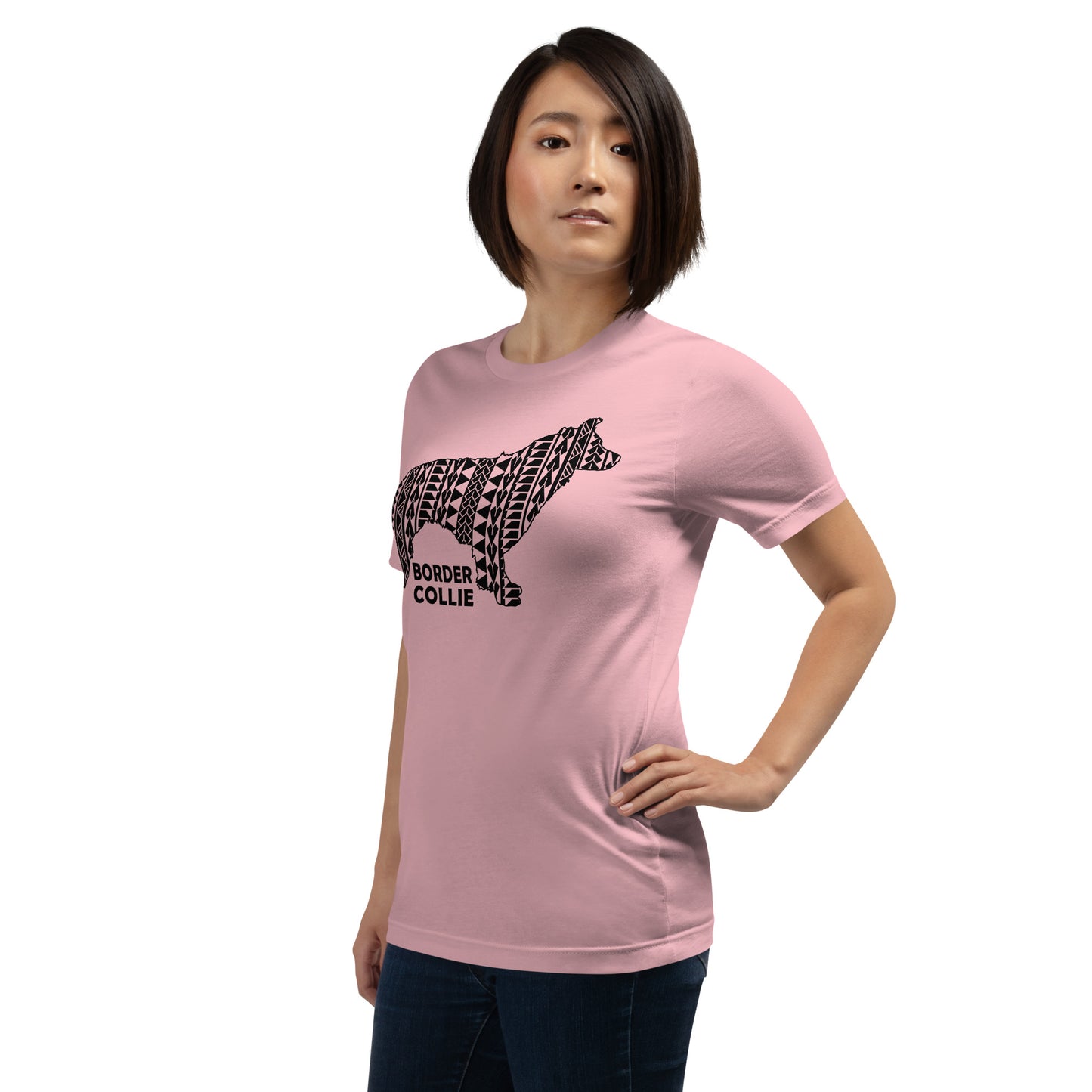 Border Collie Polynesian t-shirt pink by Dog Artistry.