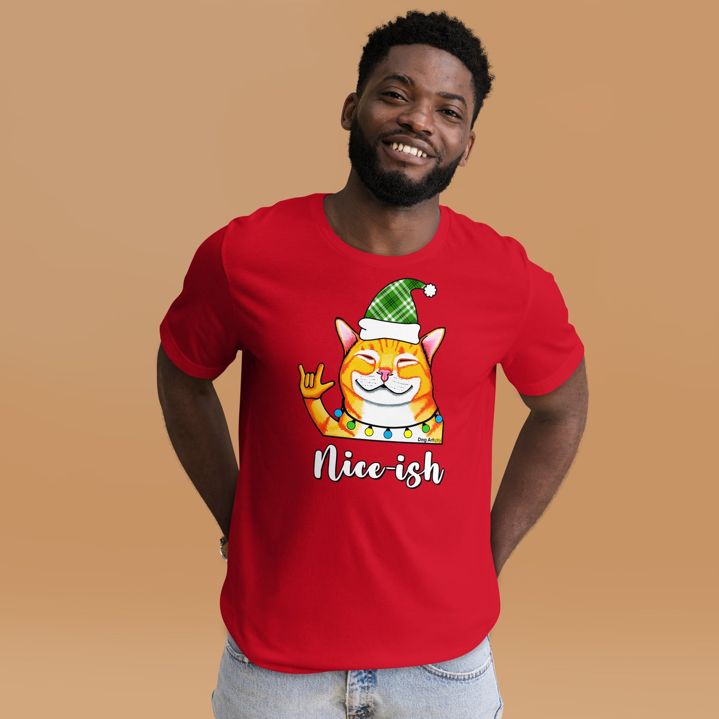 Nice-ish Cat unisex t-shirt red by Dog Artistry.