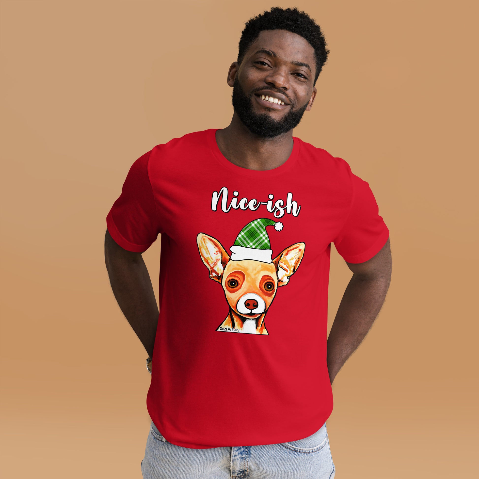 Nice-ish Chihuahua unisex t-shirt red by Dog Artistry.