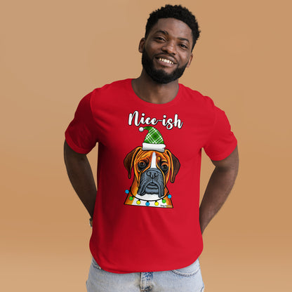 Boxer Nice-ish Christmas t-shirt red by Dog Artistry