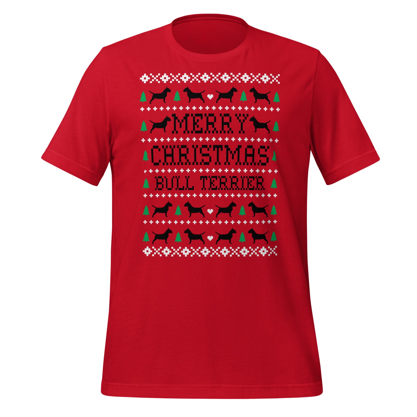 English Bull Terrier Ugly Christmas t-shirt red by Dog Artistry.