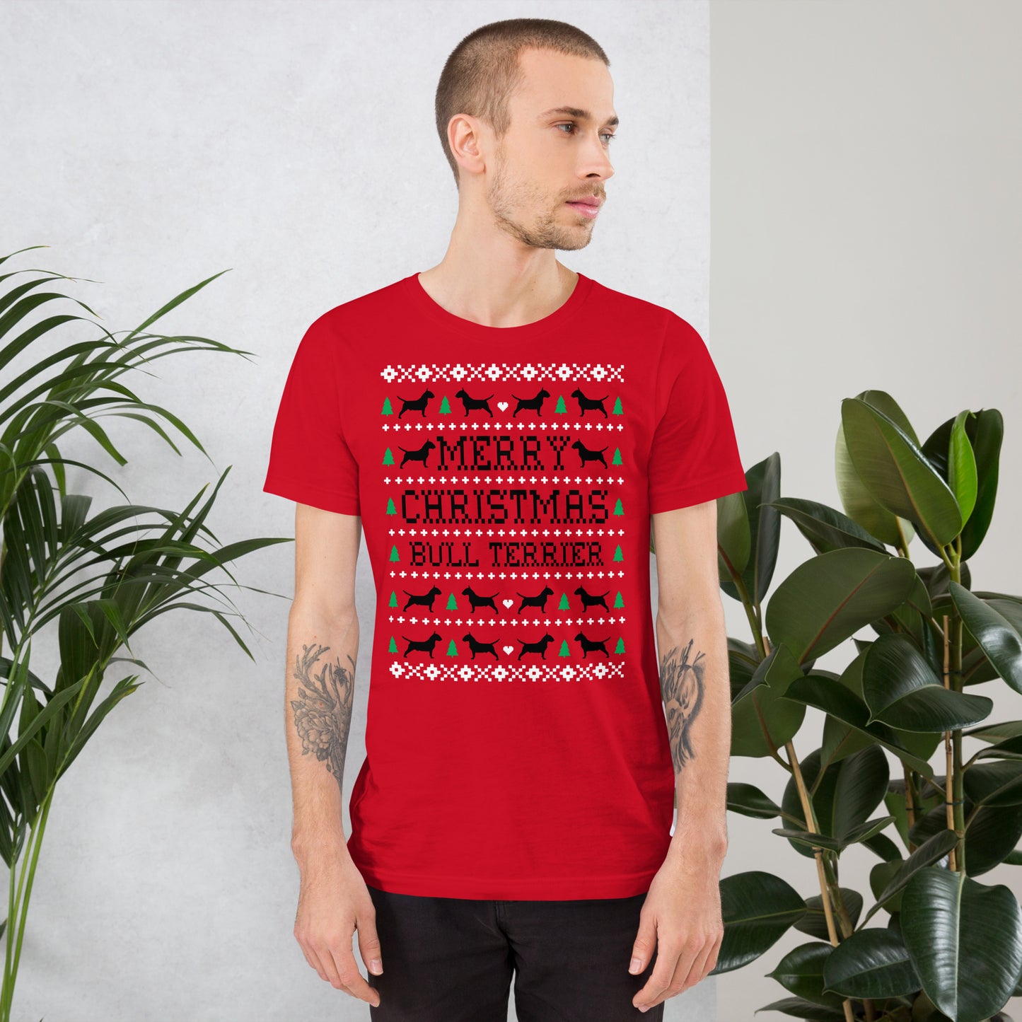 English Bull Terrier Ugly Christmas t-shirt red by Dog Artistry.