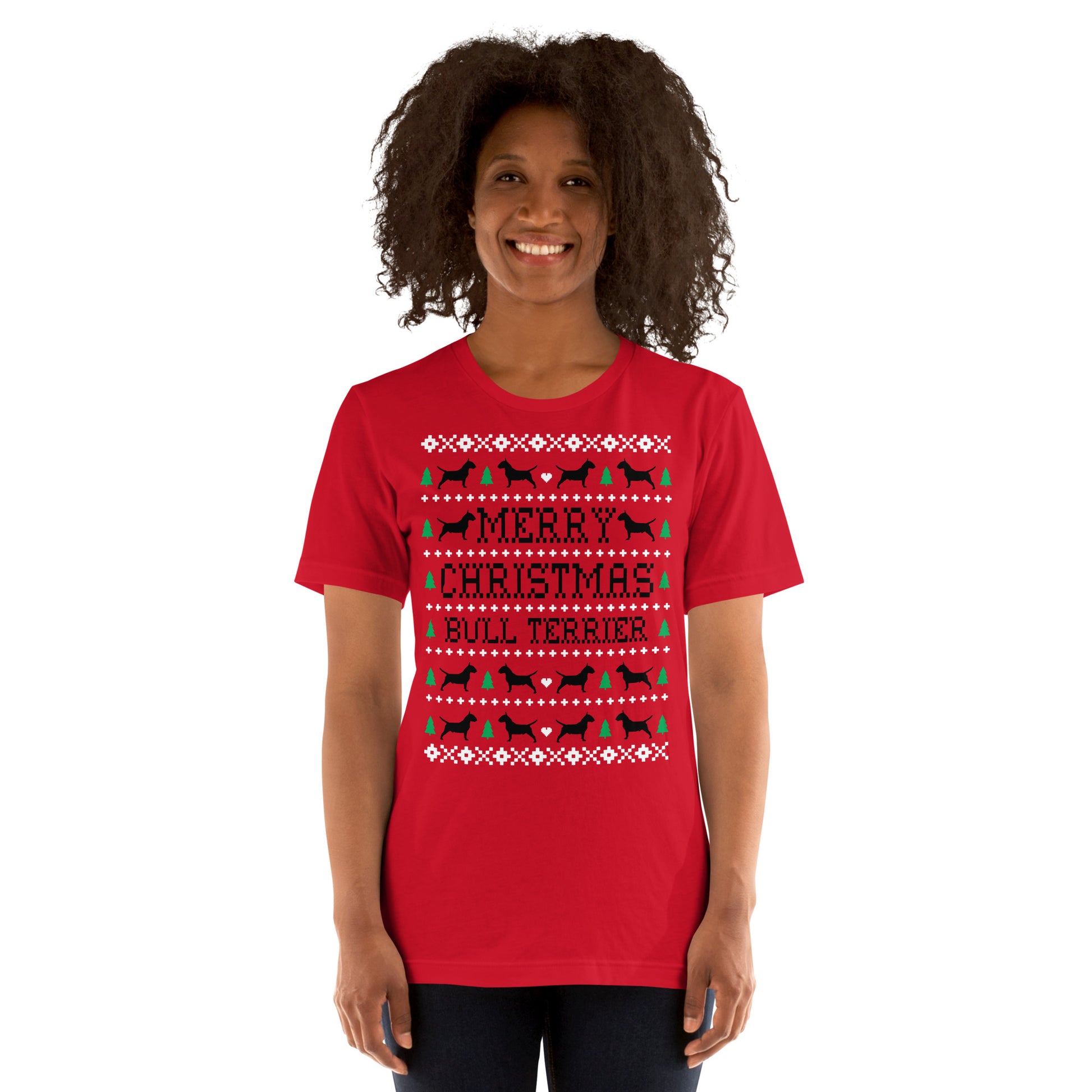 English Bull Terrier Ugly Christmas t-shirt red by Dog Artistry.
