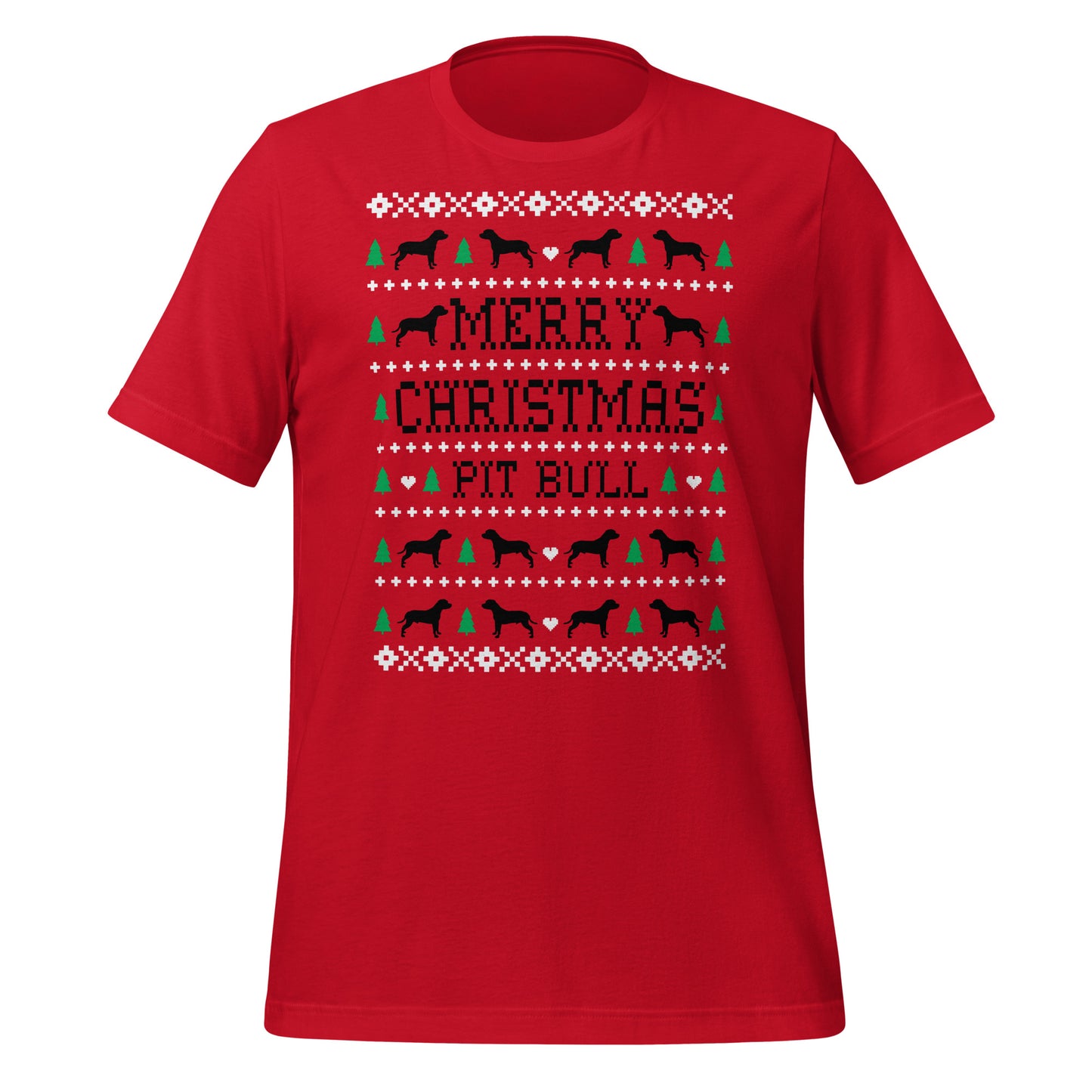 Pit Bull ugly Christmas unisex t-shirt red by Dog Artistry.