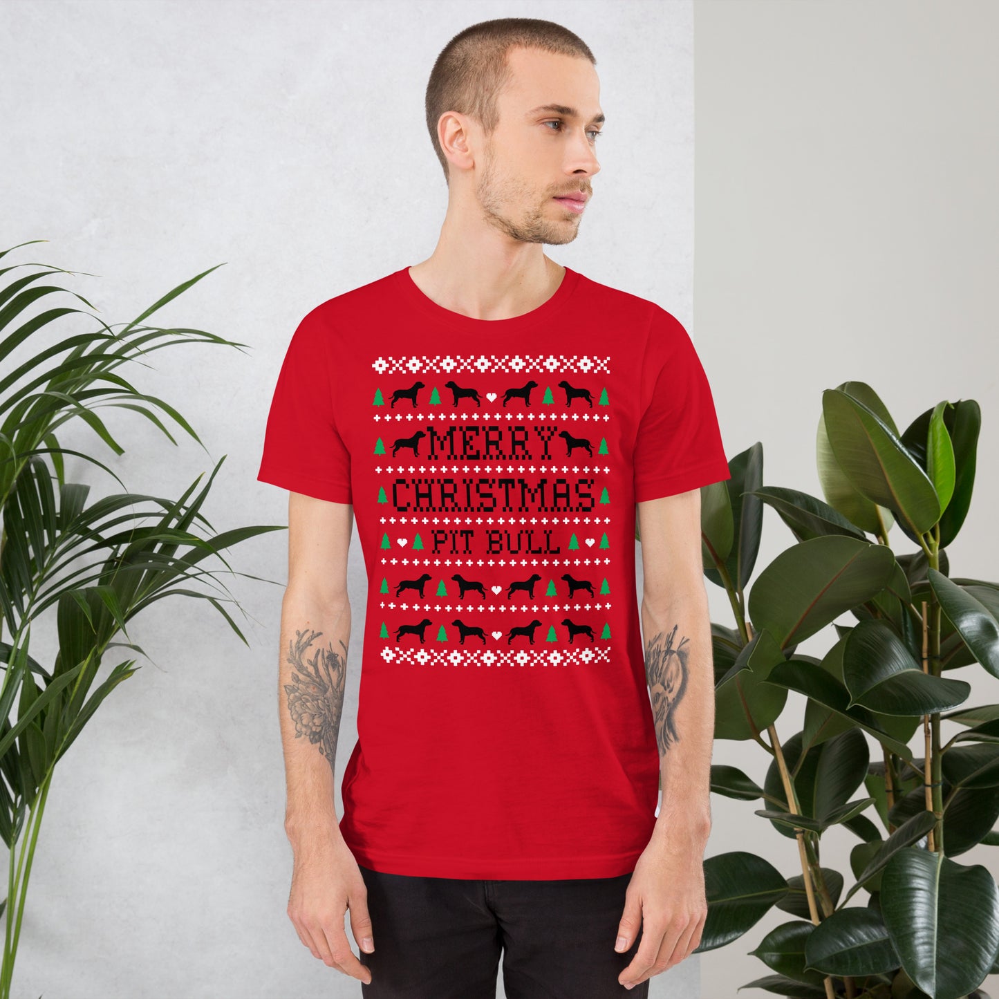 Pit Bull ugly Christmas unisex t-shirt red by Dog Artistry.