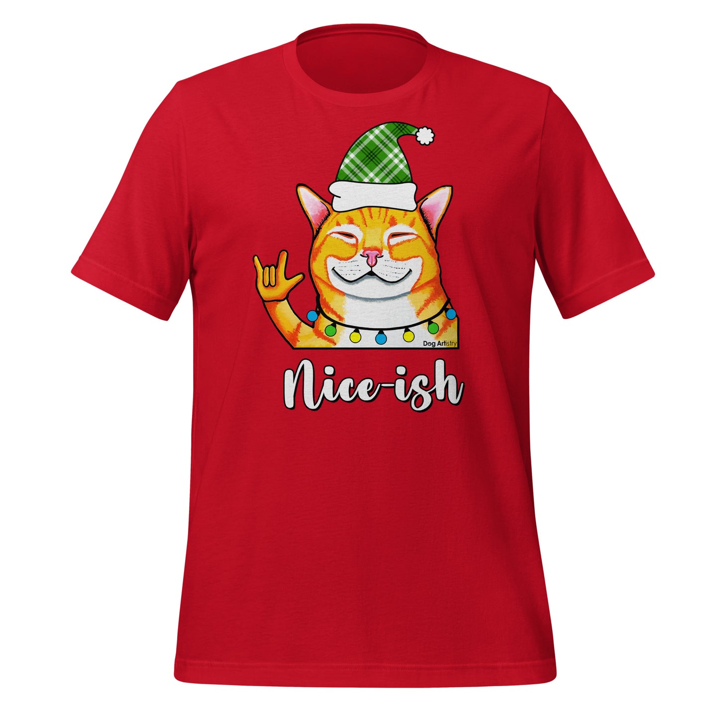 Nice-ish Cat unisex t-shirt red by Dog Artistry.