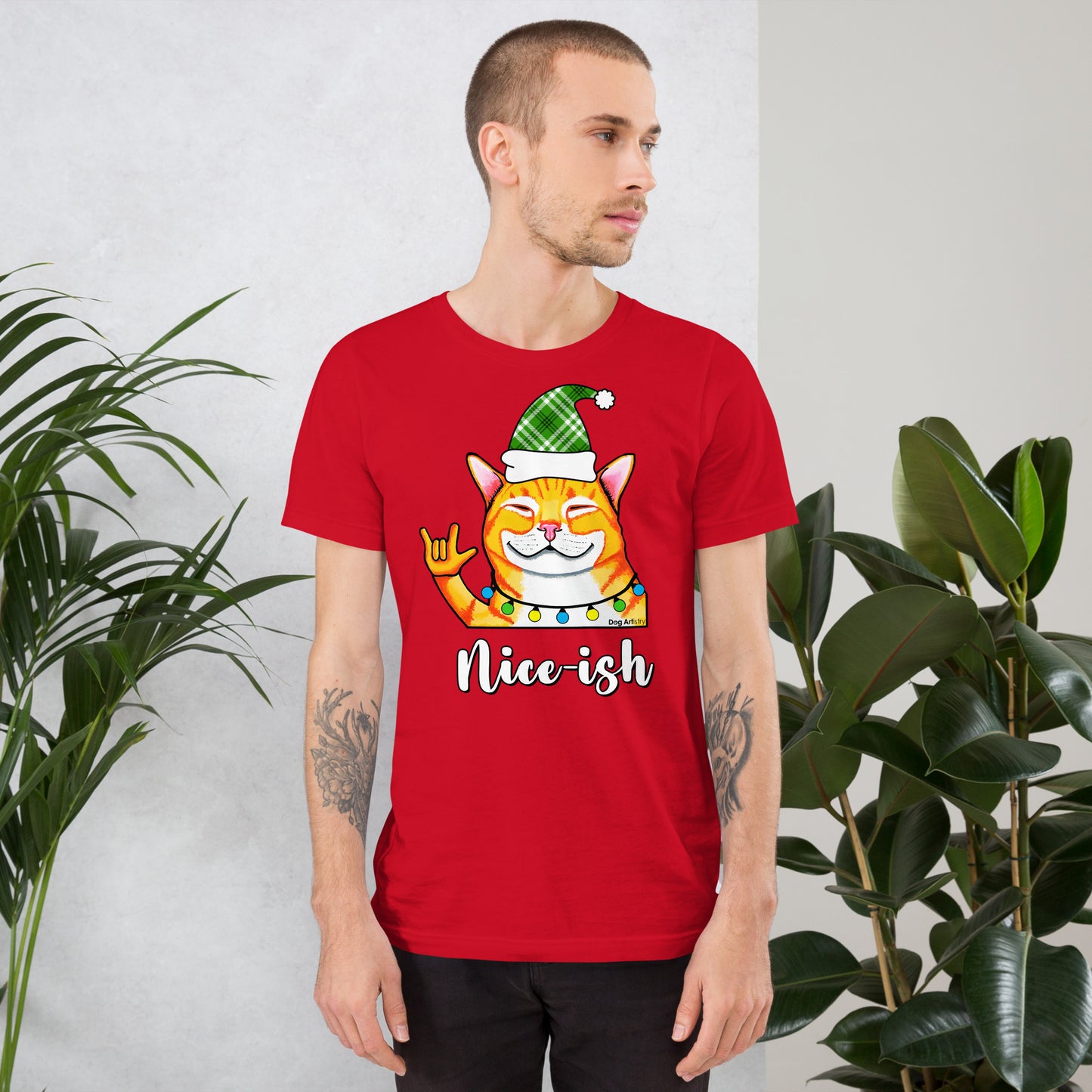 Nice-ish Cat unisex t-shirt red by Dog Artistry.