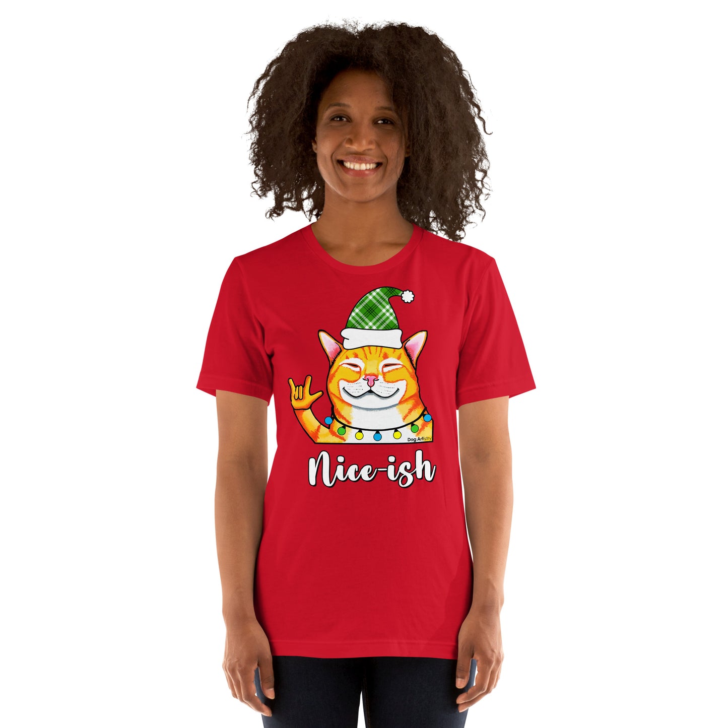 Nice-ish Cat unisex t-shirt red by Dog Artistry.