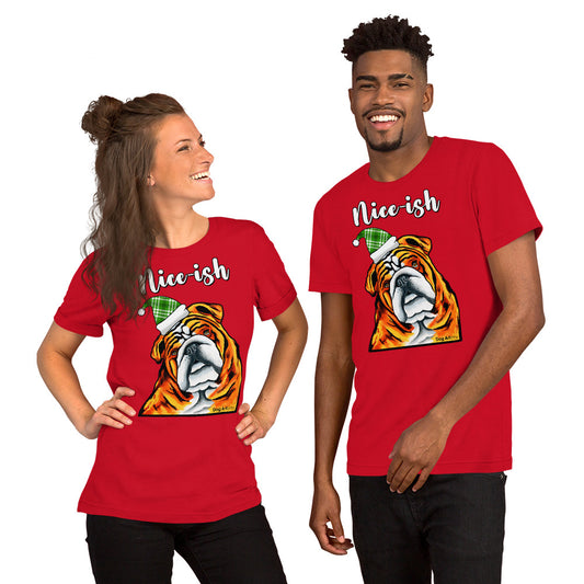 Nice-ish English Bulldog unisex t-shirt red by Dog Artistry.