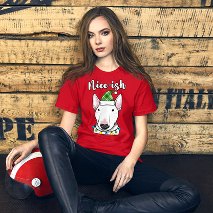Nice-ish English Bull Terrier unisex t-shirt red by Dog Artistry.