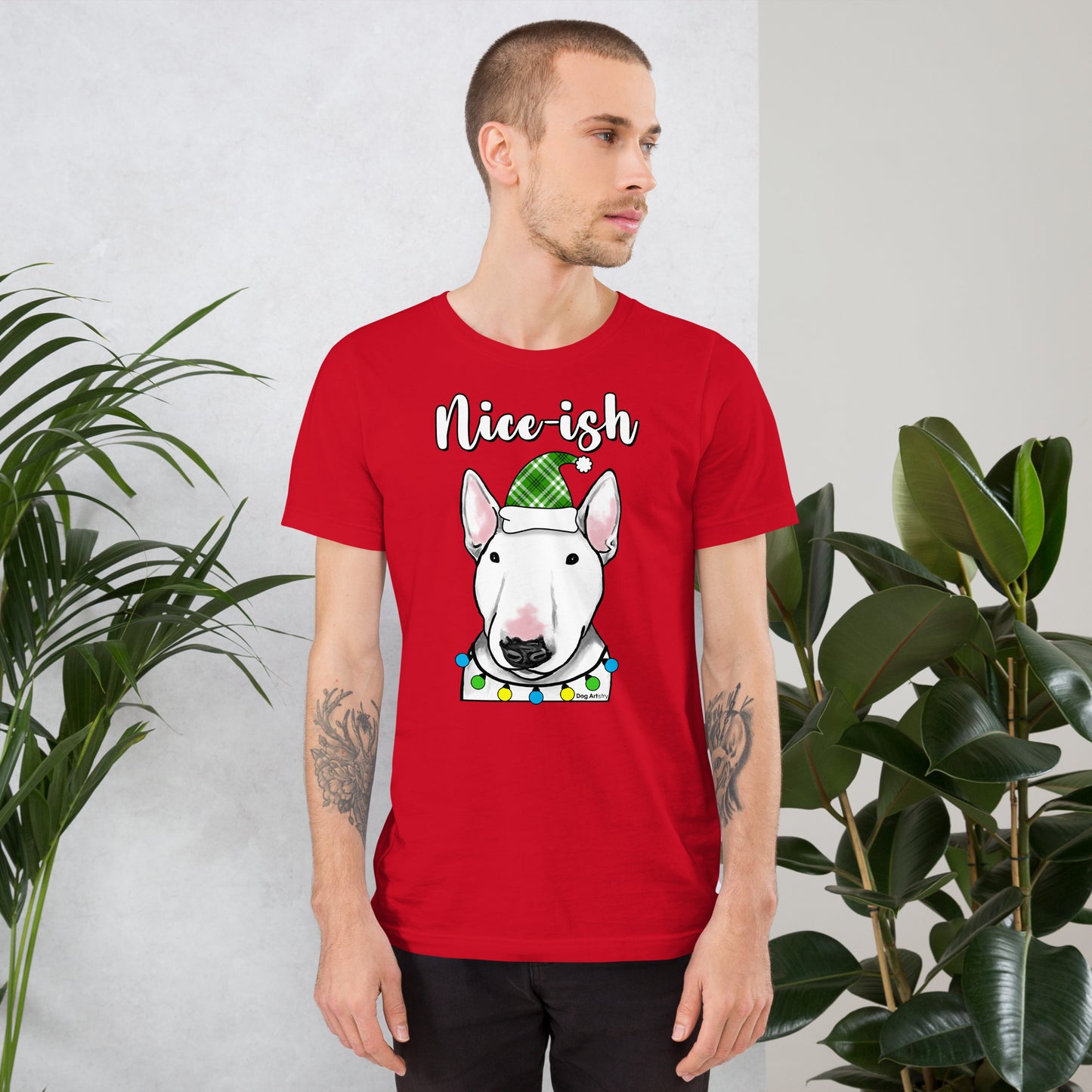 Nice-ish English Bull Terrier unisex t-shirt red by Dog Artistry.