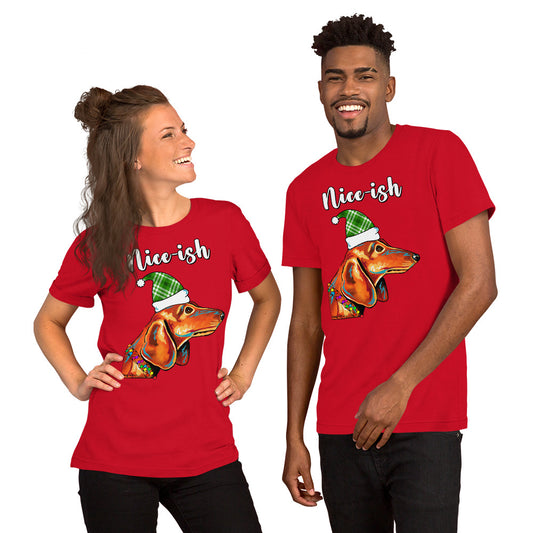 Nice-ish Dachshund unisex t-shirt red by Dog Artistry.