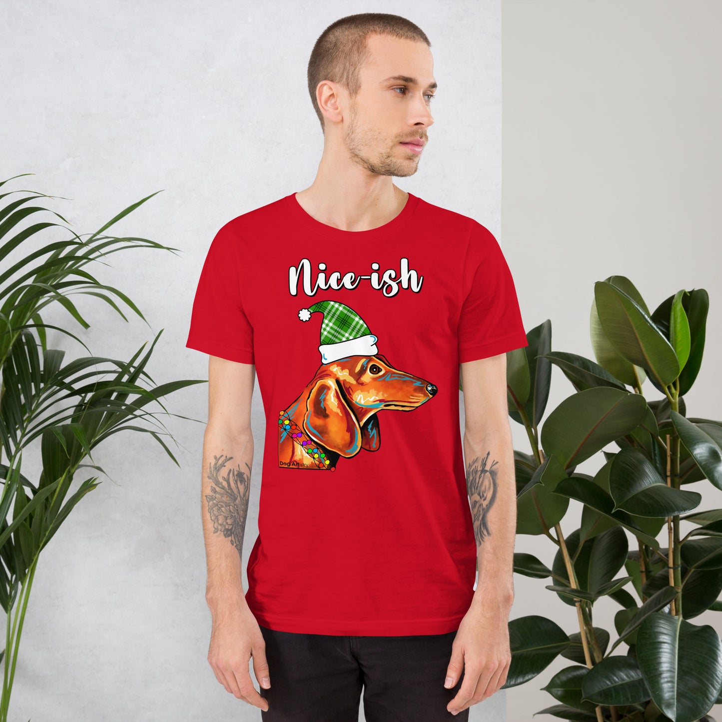 Nice-ish Dachshund unisex t-shirt red by Dog Artistry.