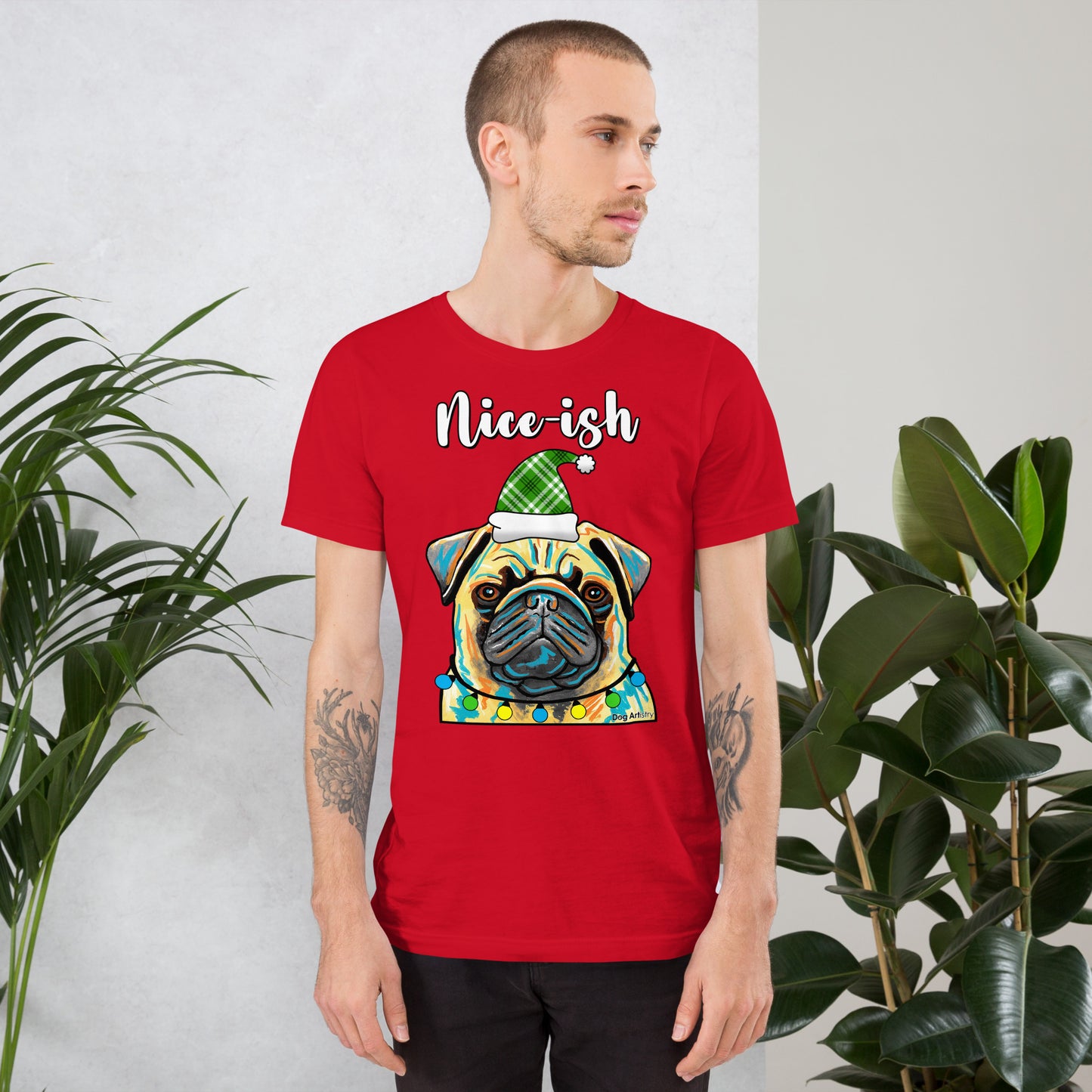 Nice-ish Pug holiday unisex t-shirt red by Dog Artistry.